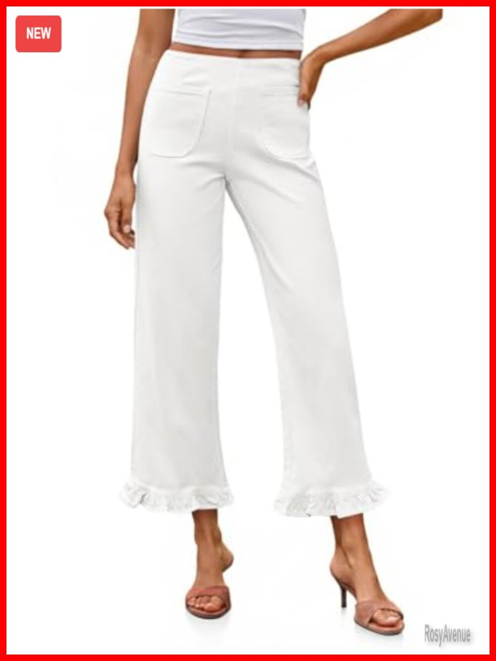 Cropped High Waisted Wide Leg Jeans with Ruffle Flare Hem